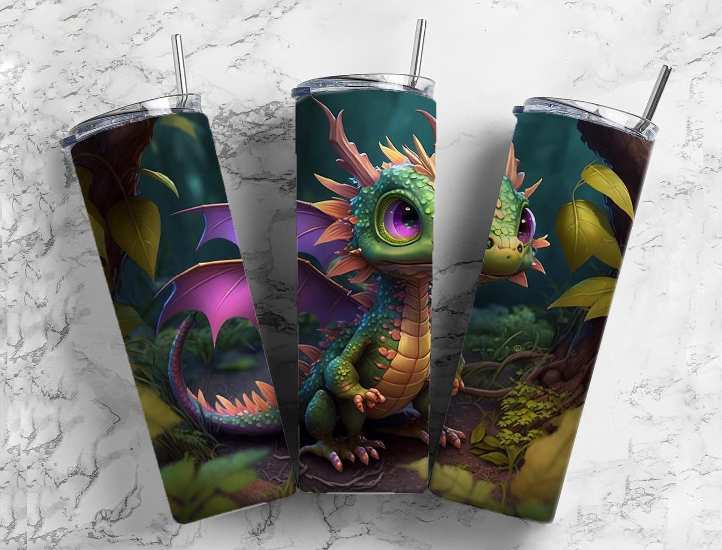 Cartoon dragon 20oz Sublimation Tumbler Designs, Fantasy forest 9.2 x 8.3” Straight Skinny Tumbler Wrap PNG