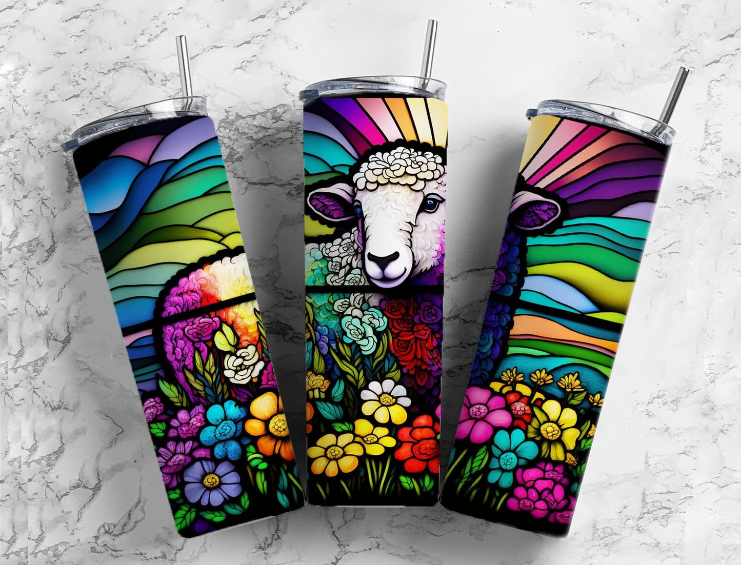 Stained glass sheep 20oz Sublimation Tumbler Designs, rainbow neon 9.2 x 8.3” Straight Skinny Tumbler Wrap