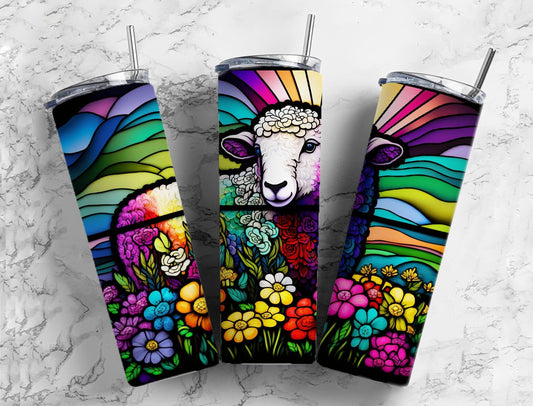 Stained glass sheep 20oz Sublimation Tumbler Designs, rainbow neon 9.2 x 8.3” Straight Skinny Tumbler Wrap