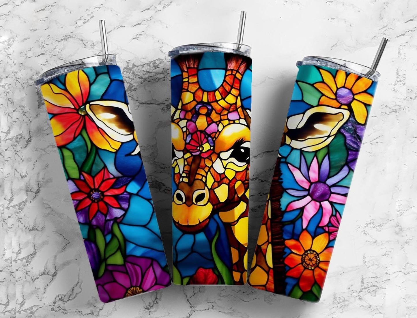 Stained glass 20oz Sublimation Tumbler Designs, colorful giraffe floral 9.2 x 8.3” Straight Skinny Tumbler Wrap PNG