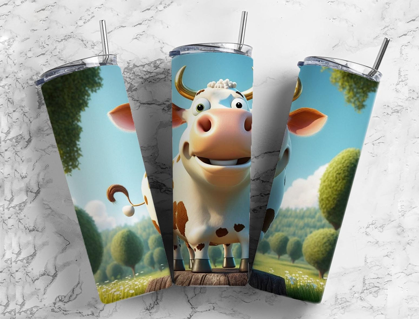 Cartoon cow 20oz Sublimation Tumbler Designs, Farm land 9.2 x 8.3” Straight Skinny Tumbler Wrap PNG