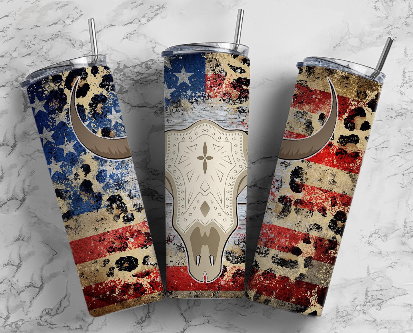 Bull Skull Flag 20oz Sublimation Tumbler Designs, Country Western 9.2 x 8.3” Straight Skinny Tumbler Wrap PNG