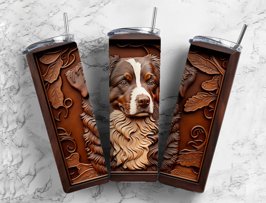 Tooled leather Australian shepherd 20oz Sublimation Tumbler Designs, Engraved leather 9.2 x 8.3” Straight Skinny Tumbler Wrap PNG