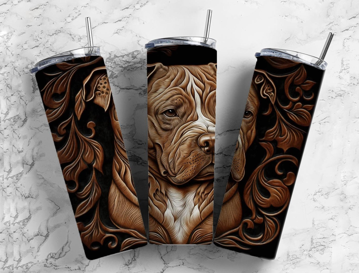 Tooled leather American Staffordshire terrier 20oz Sublimation Tumbler Designs, engraved leather 9.2 x 8.3” Straight Skinny Tumbler Wrap PNG