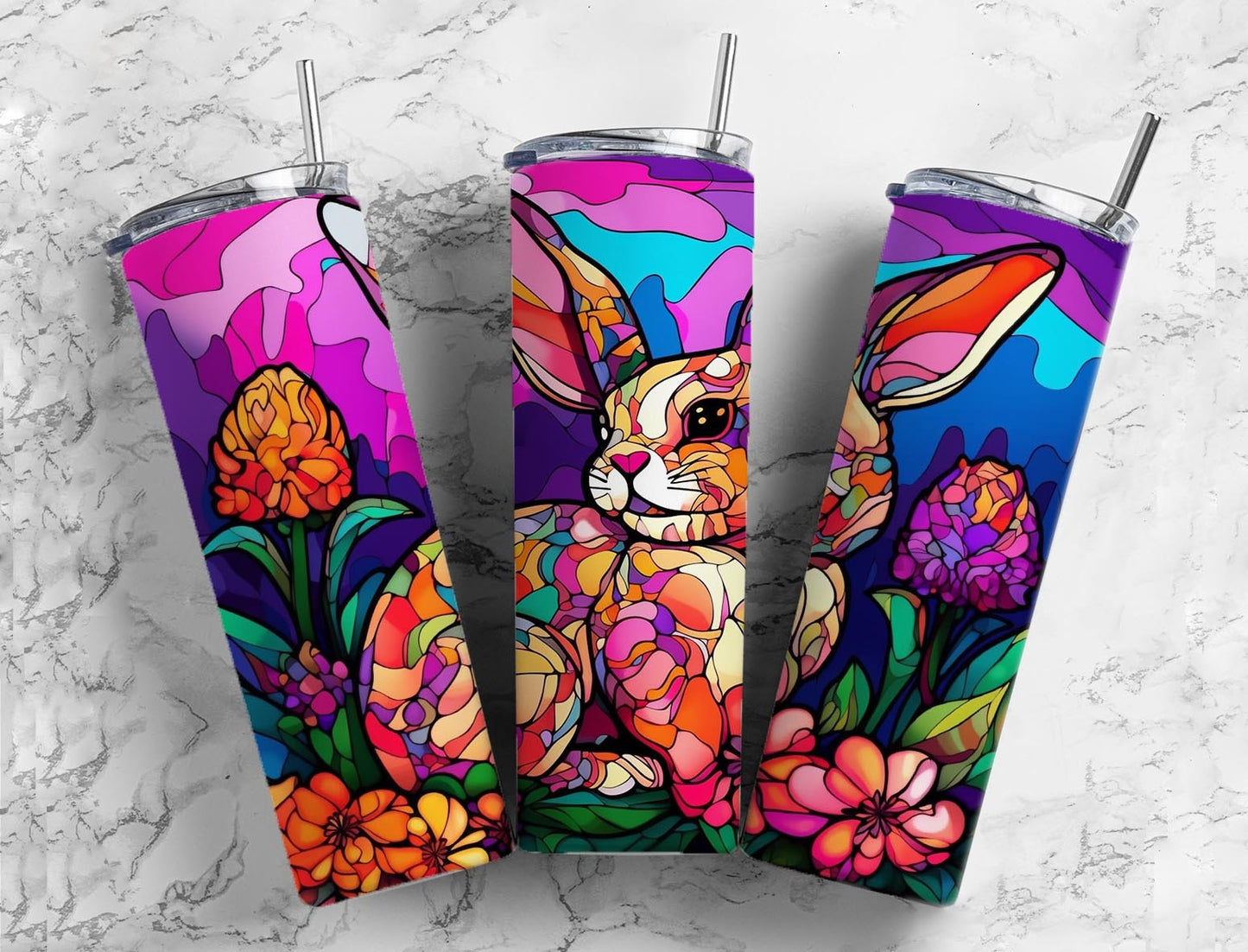 Rabbit floral 20oz Sublimation Tumbler Designs, colorful landscape 9.2 x 8.3” Straight Skinny Tumbler Wrap PNG