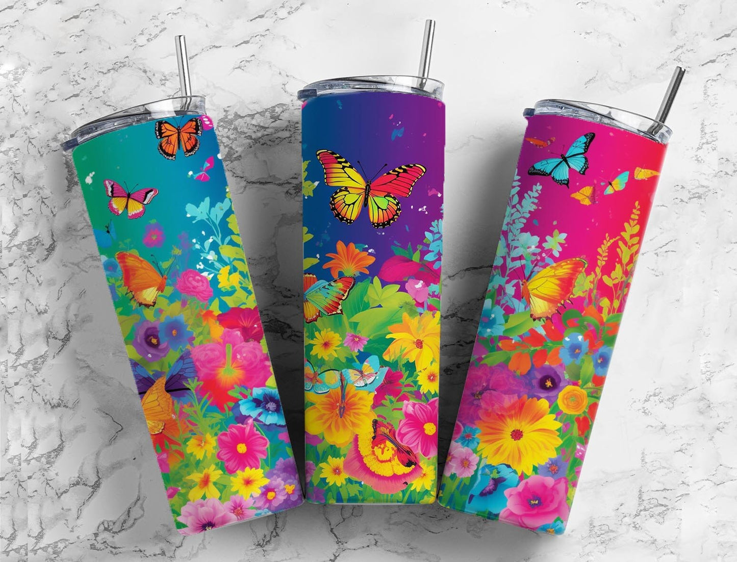 Rainbow butterfly garden 20oz Sublimation Tumbler Designs, Colorful floral 9.2 x 8.3” Straight Skinny Tumbler Wrap PNG