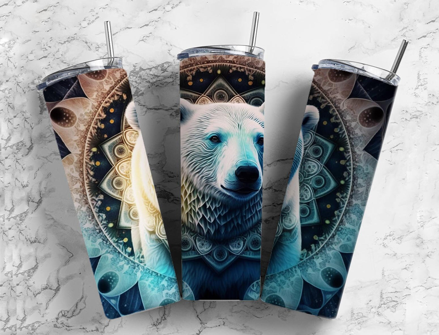 Polar bear 20oz Sublimation Tumbler Designs, patterned background 9.2 x 8.3” Straight Skinny Tumbler Wrap PNG