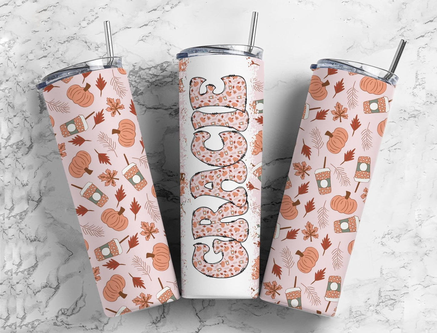 Pumpkin Spice 20oz Tumbler Wrap with Matching Retro Doodle Letter, Aesthetic Fall Alphabet PNG, Add your Own name Tumbler