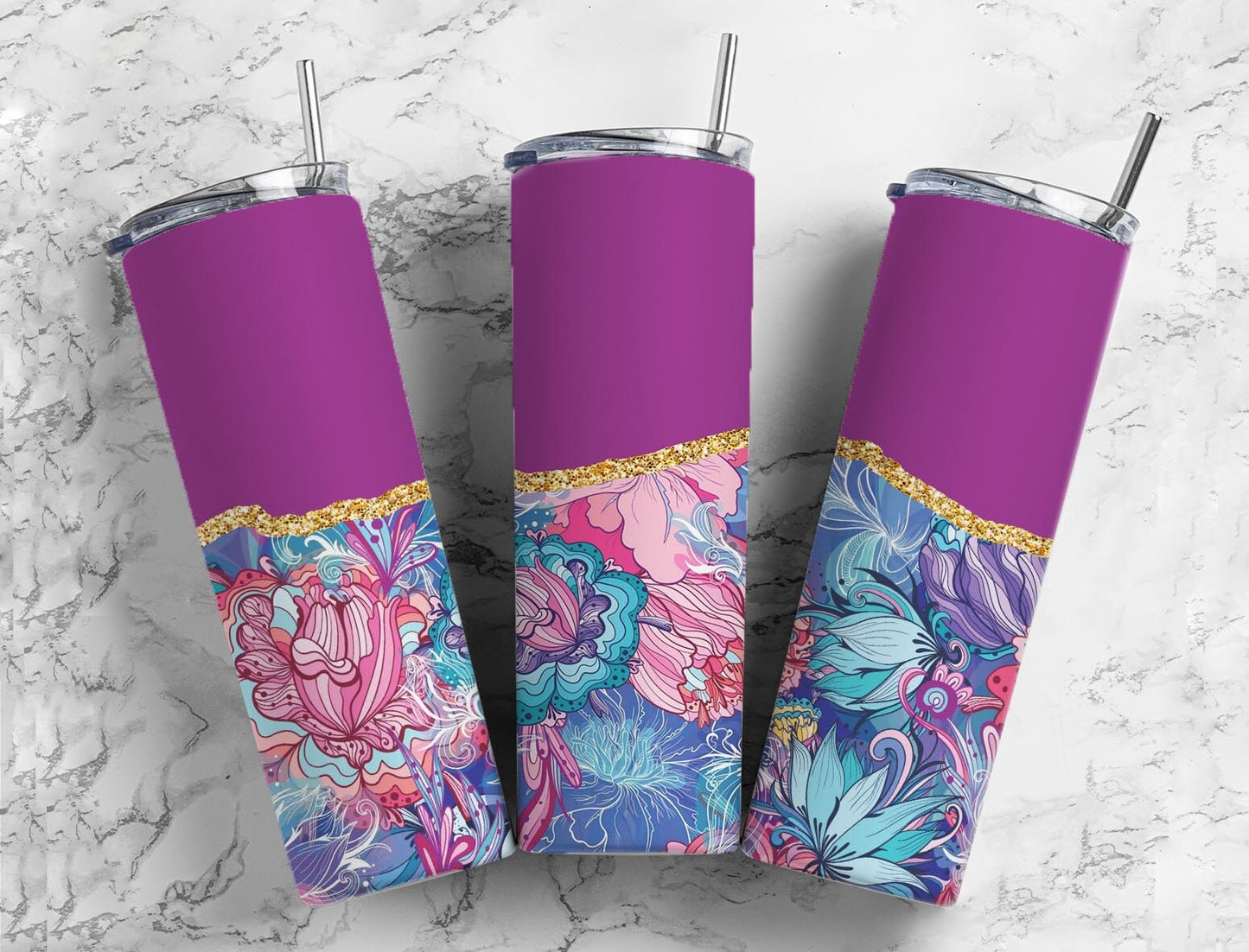 Boho Florets 20oz Sublimation Tumbler Designs, Agate Glitter Purple 9.2 x 8.3” Straight Skinny Tumbler Wrap PNG