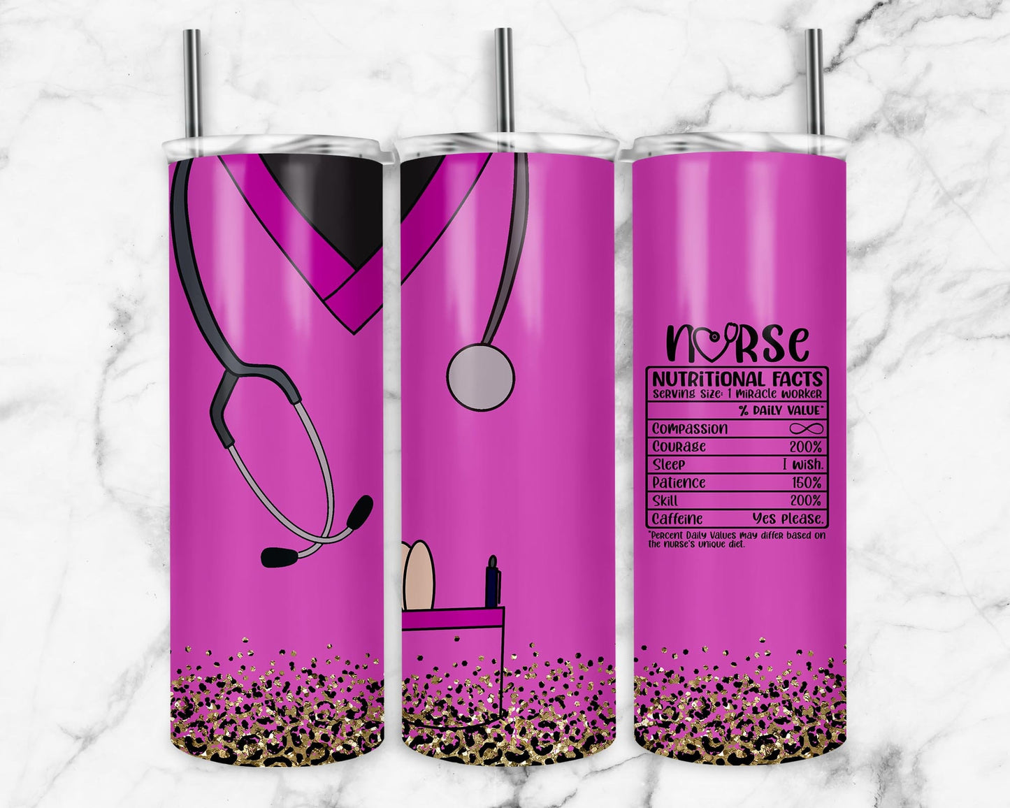 Pink Nurse 20oz Sublimation Tumbler Designs, Leopard Scrubs 9.2 x 8.3” Straight Skinny Tumbler Wrap PNG