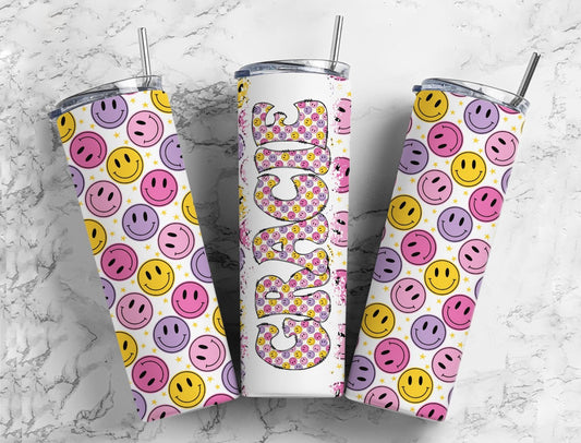 Pink Smiley Face 20oz Tumbler Wrap with Matching Retro Doodle Letter, Aesthetic Alphabet PNG, Add your Own name Tumbler