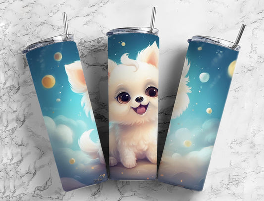 white puppy 20oz Sublimation Tumbler Designs, cloudy sky 9.2 x 8.3” Straight Skinny Tumbler Wrap PNG