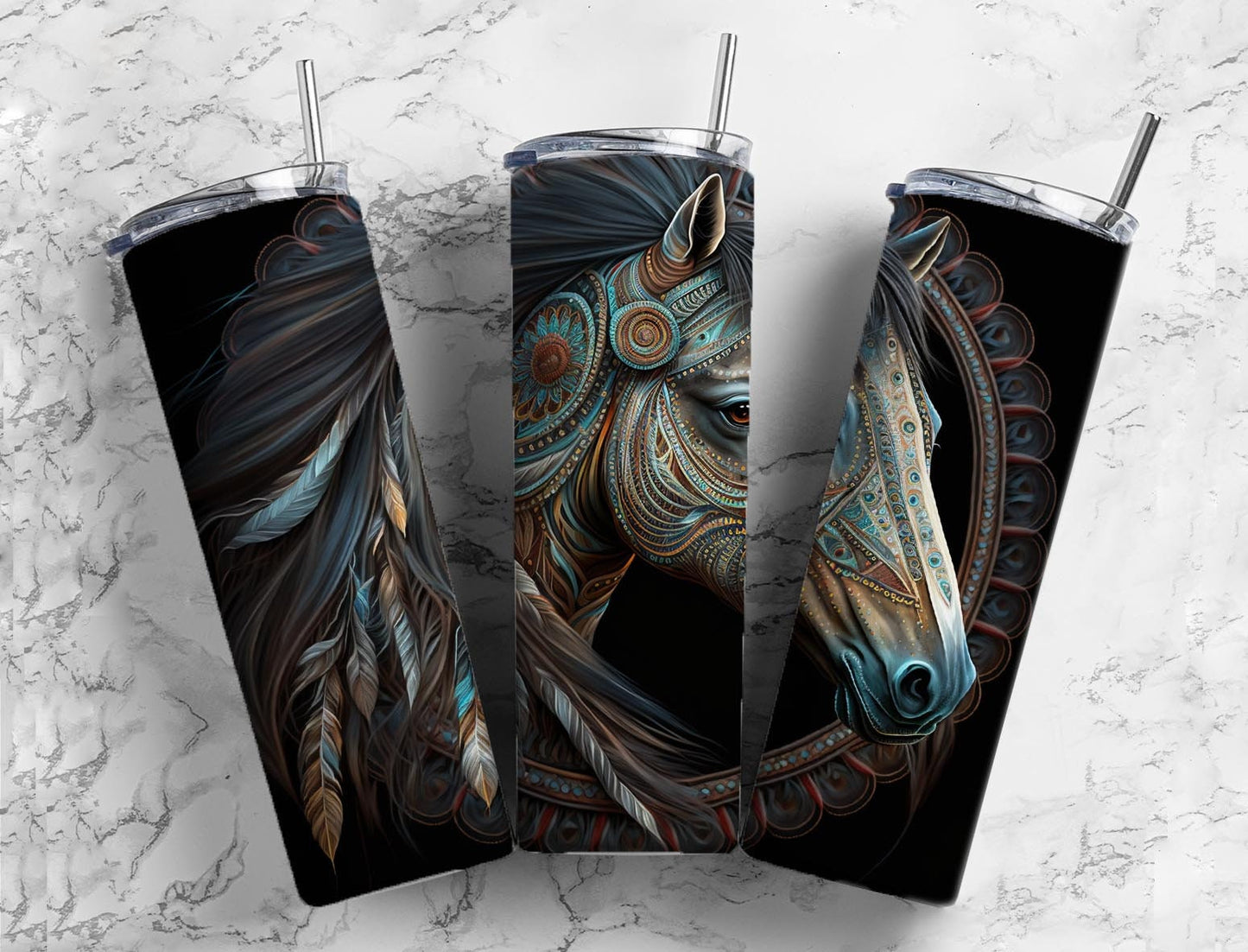 Tooled leather horse 20oz Sublimation Tumbler Designs, Blue engraved leather 9.2 x 8.3” Straight Skinny Tumbler Wrap PNG