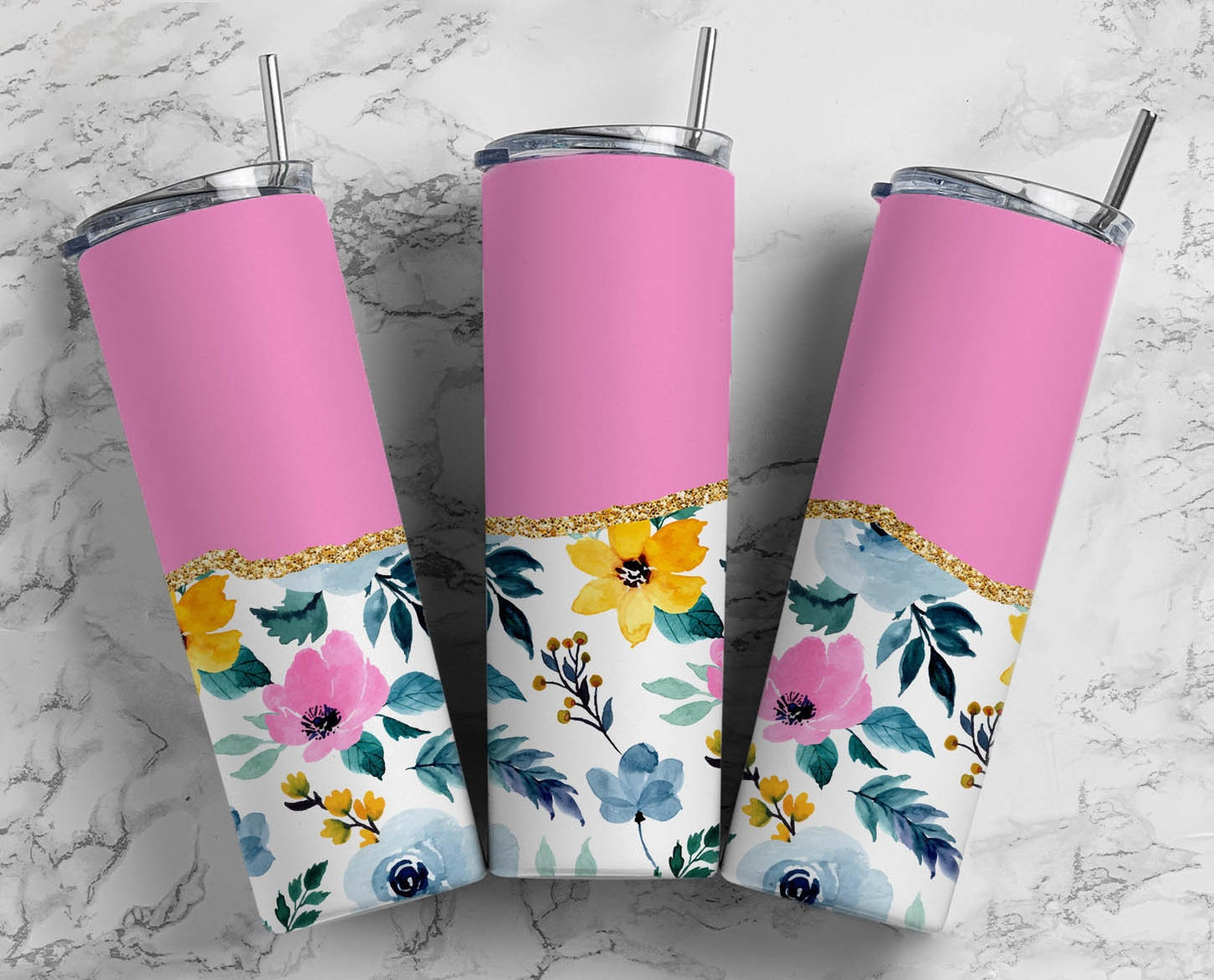 Pink Yellow Flower 20oz Sublimation Tumbler Designs, AestheticFloral 9.2 x 8.3” Straight Skinny Tumbler Wrap PNG, Gold Agate 128