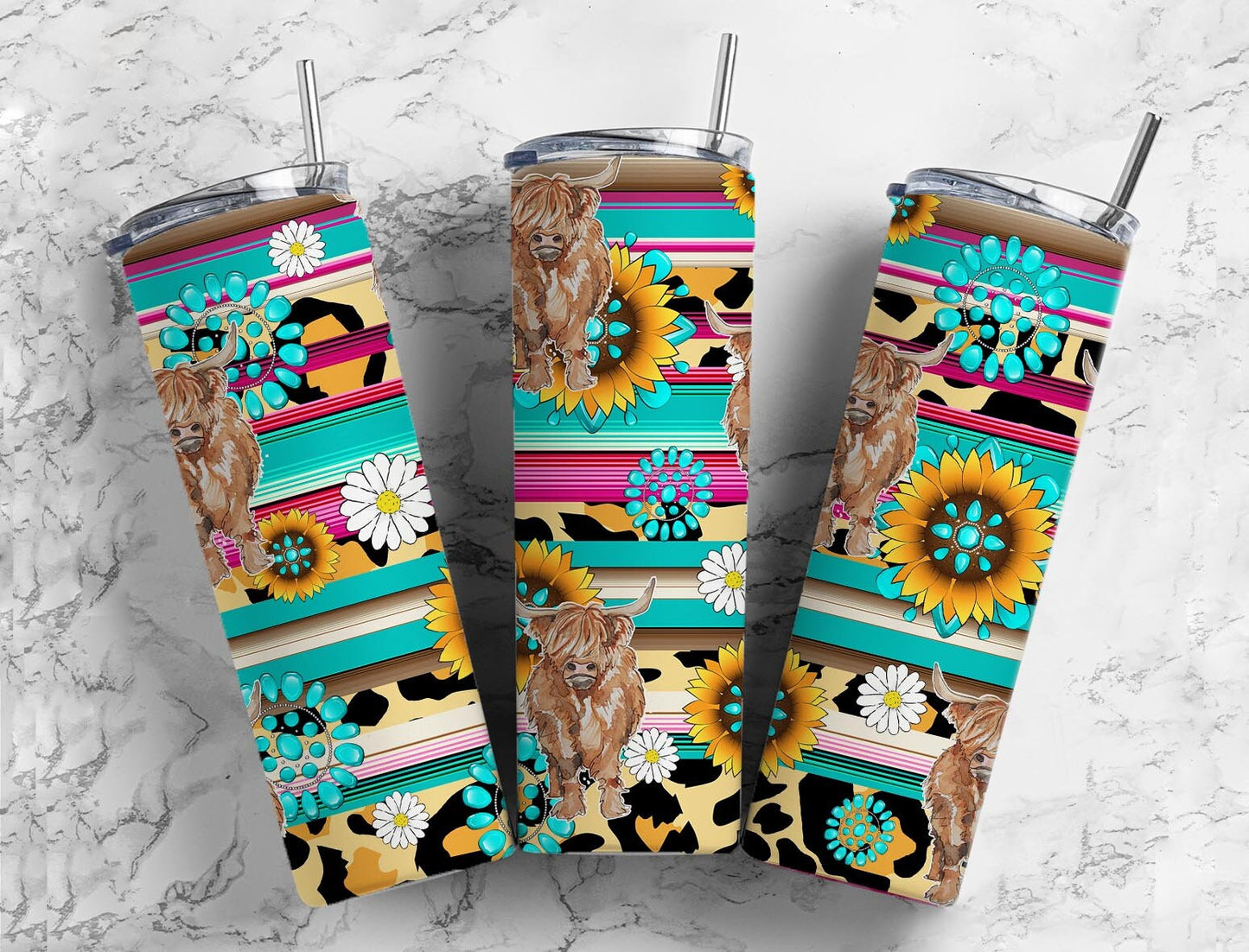 Serape Sunflower 20oz Sublimation Tumbler Designs, Boho Flower 9.2 x 8.3” Straight Skinny Tumbler, Mint Wrap PNG