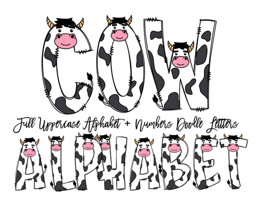 Cow Doodle Letters, Farm Alphabet, Animal Alphabet PNG, Entire Doodle Alphabet Uppercase Lowercase Numbers PNG