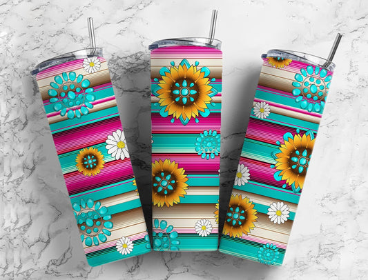 Pink Serape 20oz Sublimation Tumbler Designs, Mexico Sunflower 9.2 x 8.3” Straight Skinny Tumbler Wrap PNG