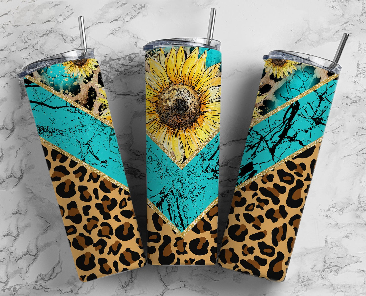 Teal Leopard 20oz Sublimation Tumbler Designs, Sunflower Turquoise 9.2 x 8.3” Straight Skinny Tumbler Wrap PNG 15