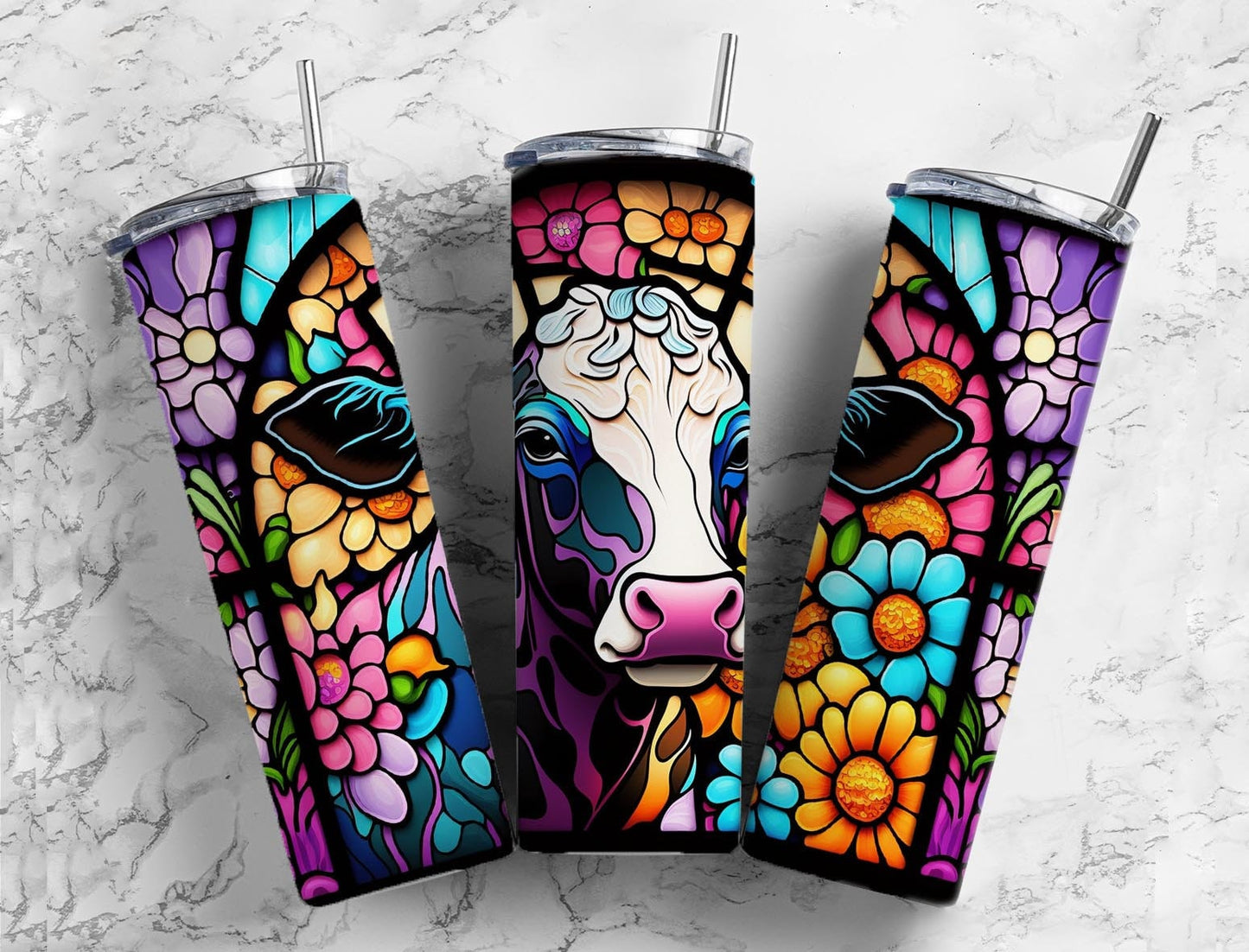 Stained Glass Cow 20oz Sublimation Tumbler Designs, rainbow neon 9.2 x 8.3” Straight Skinny Tumbler Wrap