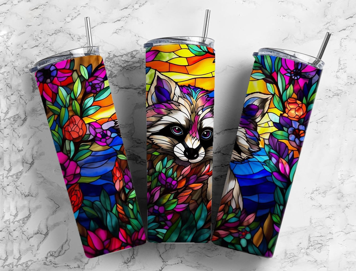 Stained glass racooon 20oz Sublimation Tumbler Designs, Colorful landscape 9.2 x 8.3” Straight Skinny Tumbler Wrap PNG