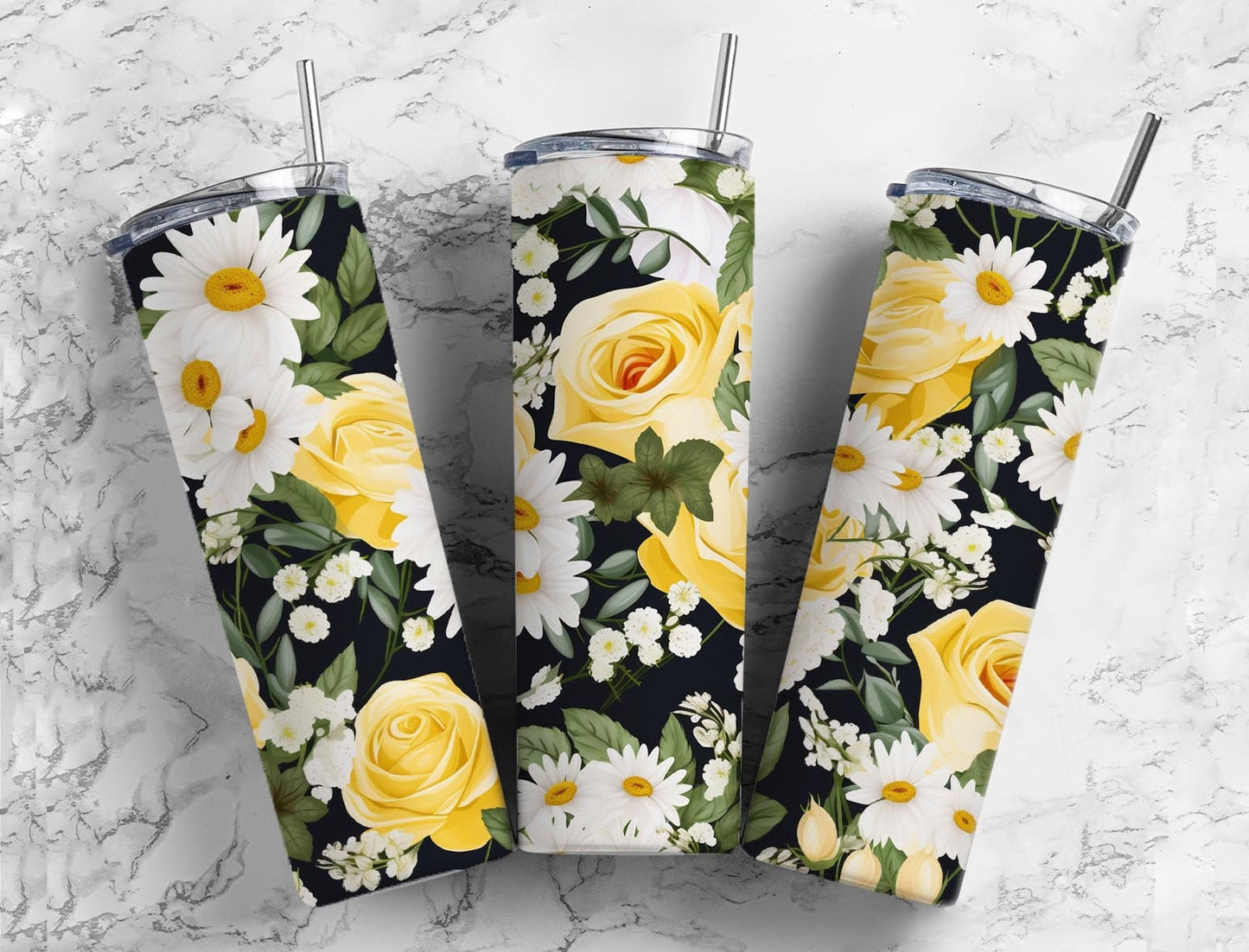 Yellow roses 20oz Sublimation Tumbler Designs, Daisy floral 9.2 x 8.3” Straight Skinny Tumbler Wrap PNG