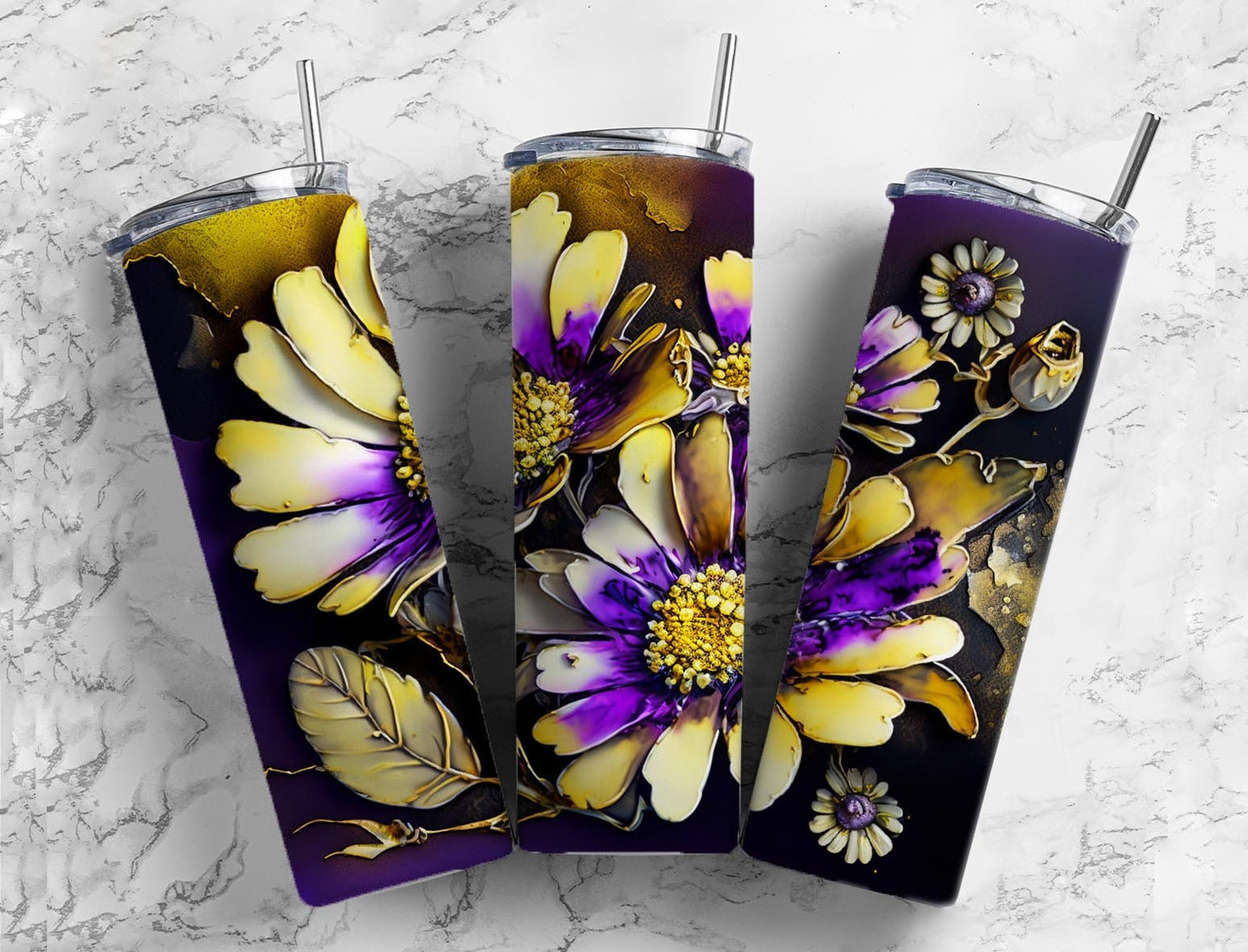 Purple and yellow daisy 20oz Sublimation Tumbler Designs, colorful floral 9.2 x 8.3” Straight Skinny Tumbler Wrap PNG