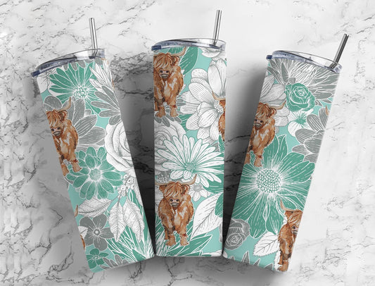 Highland Cow Daisy 20oz Sublimation Tumbler Designs, Boho Flower 9.2 x 8.3” Straight Skinny Tumbler, Mint Wrap PNG