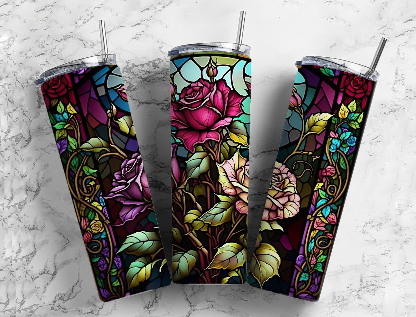 Stained Glass Roses 20oz Sublimation Tumbler Designs, Rose Classic 9.2 x 8.3” Straight Skinny Tumbler Wrap PNG, Sublimation Design PNG