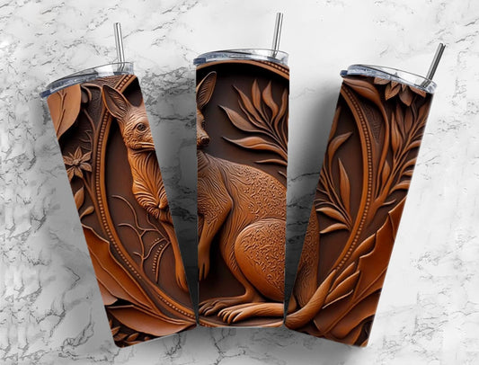 Tooled leather wallaby 20oz Sublimation Tumbler Designs, Engraved leather 9.2 x 8.3” Straight Skinny Tumbler Wrap PNG