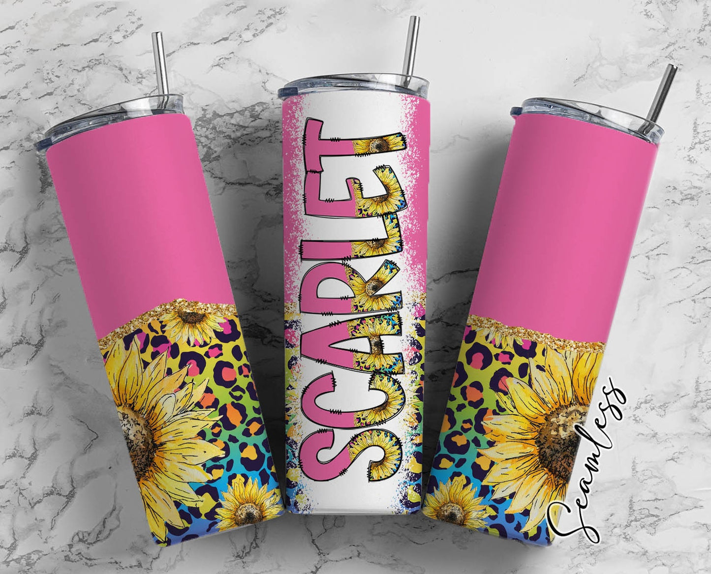 Pink SunFlower Tumbler Wrap with Matching Doodle Letter Alphabet PNG, Floral Aesthetic Add your Own name 20oz Tumbler, Alpha Set PNG 161