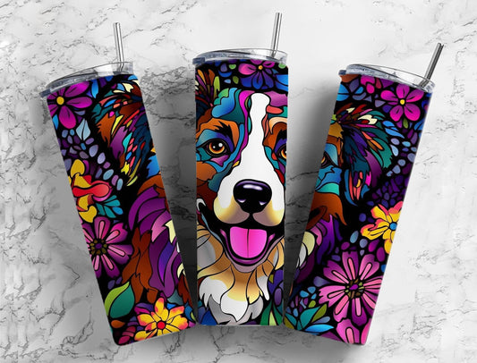 Border collie dog 20oz Sublimation Tumbler Designs, Colorful floral 9.2 x 8.3” Straight Skinny Tumbler Wrap PNG