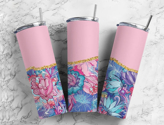 Boho Florets 20oz Sublimation Tumbler Designs, Agate Glitter Pink 9.2 x 8.3” Straight Skinny Tumbler Wrap PNG