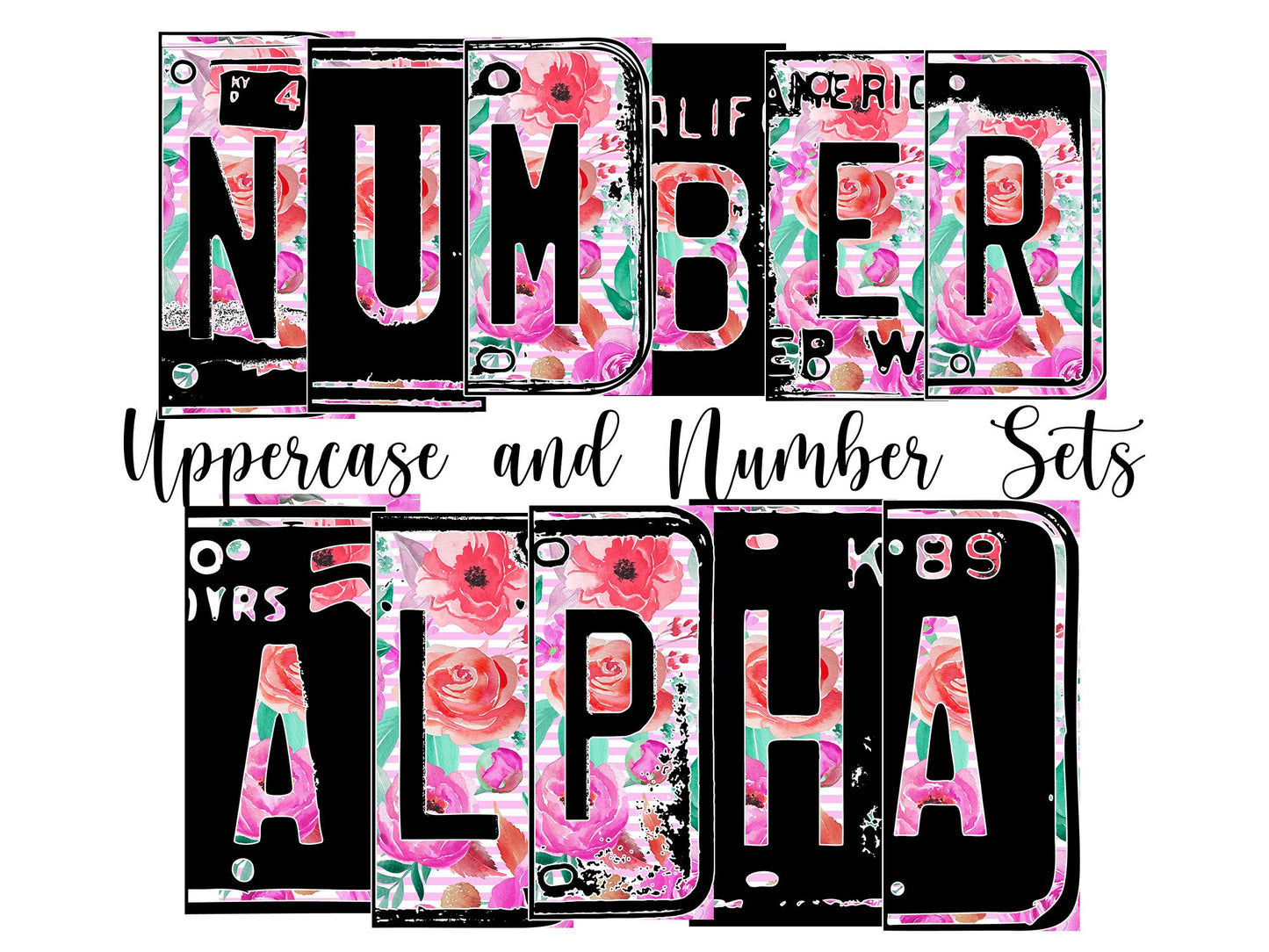 Pink Floral Number Plate Alphabet Uppercase Numbers PNG, Minimalist Boho Alphabet PNG Digital Download