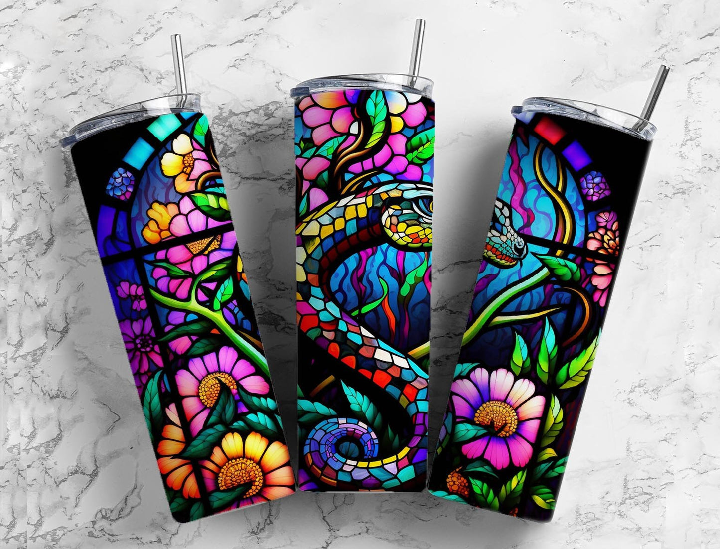 Snake Stained glass 20oz Sublimation Tumbler Designs, Rainbow floral 9.2 x 8.3” Straight Skinny Tumbler Wrap