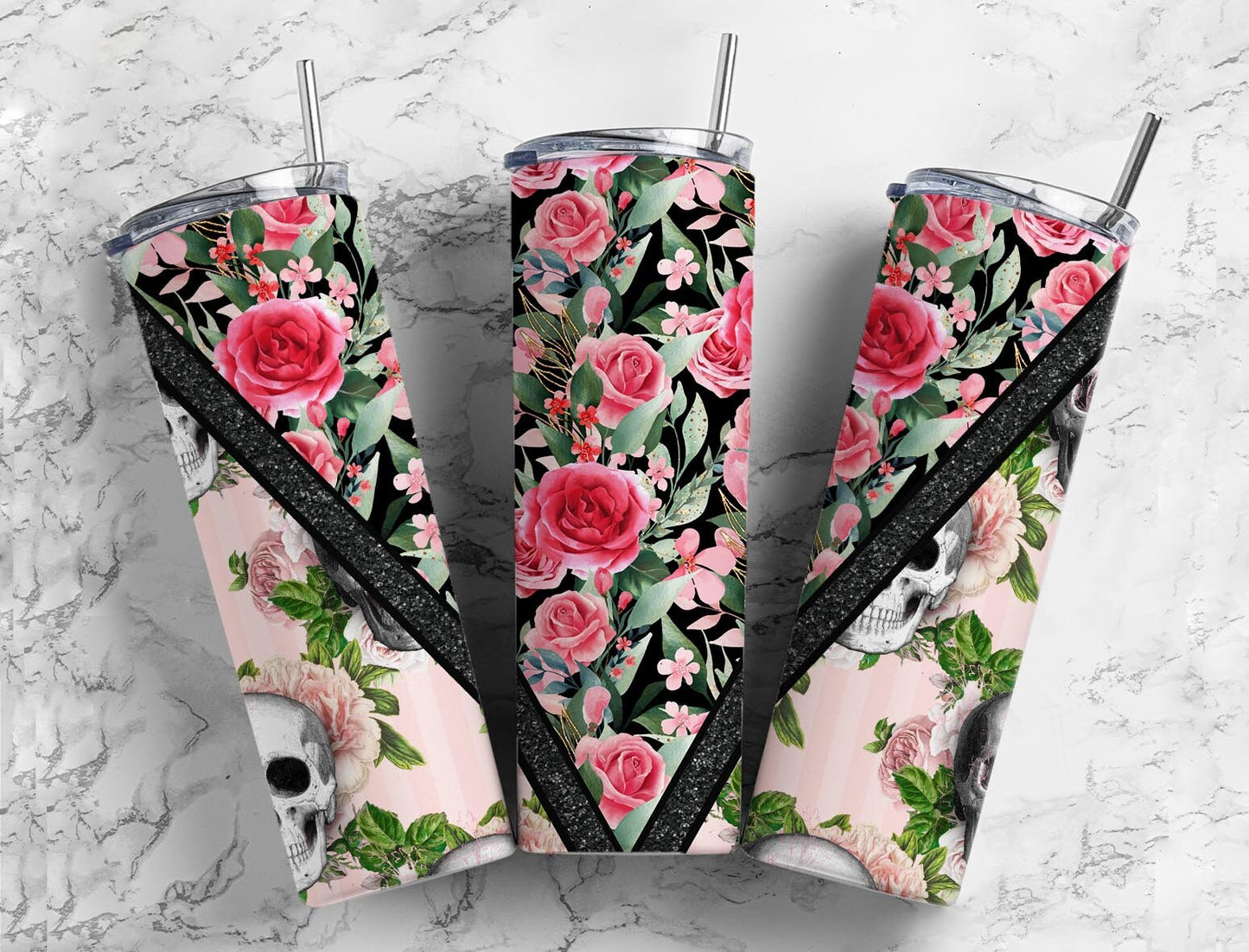 Skull and Rose 20oz Sublimation Tumbler Designs, Pink Rose 9.2 x 8.3” Straight Skinny Tumbler Wrap, Gothic Tumbler Wrap