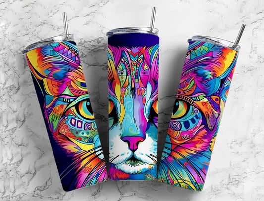 Rainbow cat 20oz Sublimation Tumbler Designs, colorful bright neon 9.2 x 8.3” Straight Skinny Tumbler Wrap PNG