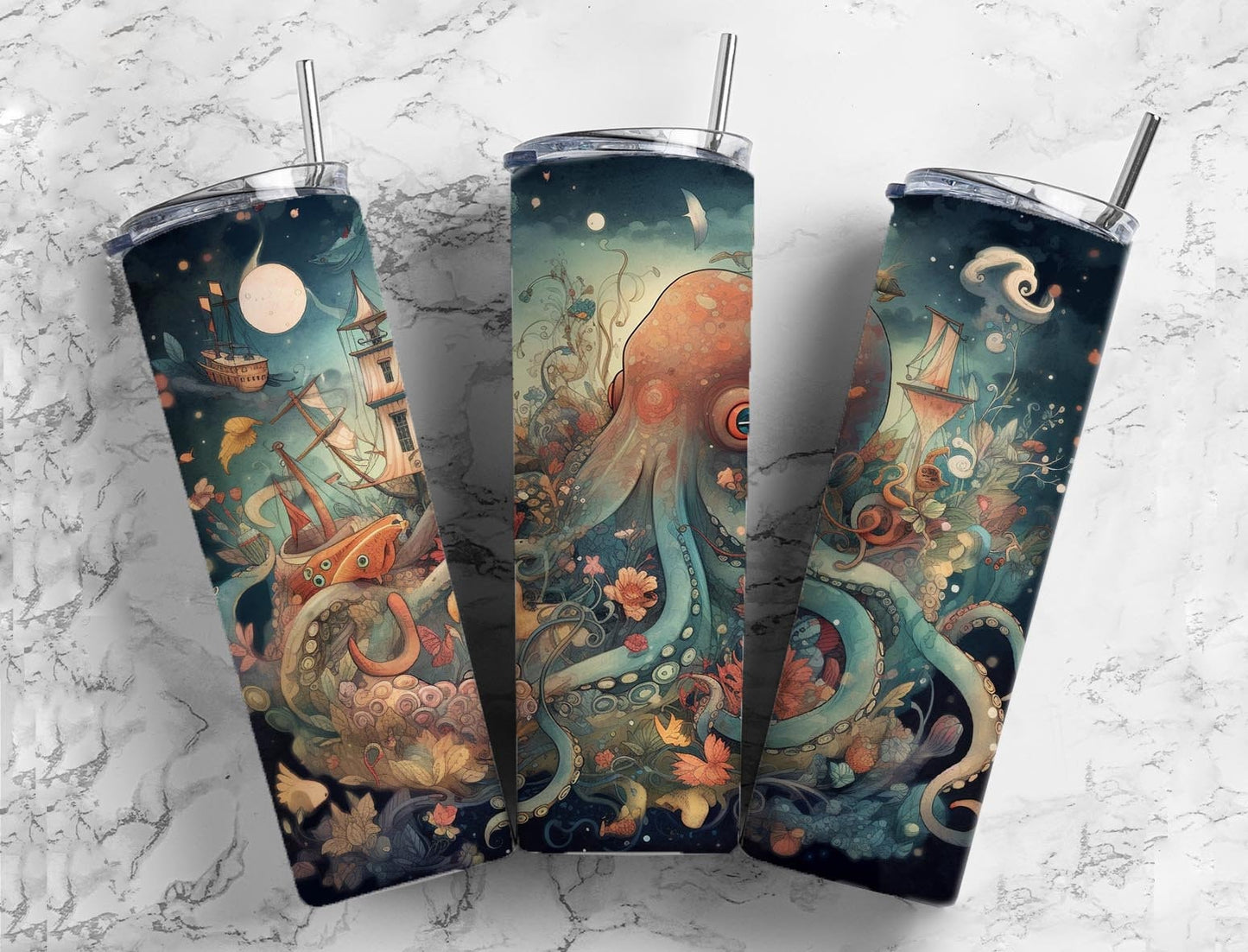 Octopus 20oz Sublimation Tumbler Designs, Nautical ocean 9.2 x 8.3” Straight Skinny Tumbler Wrap PNG