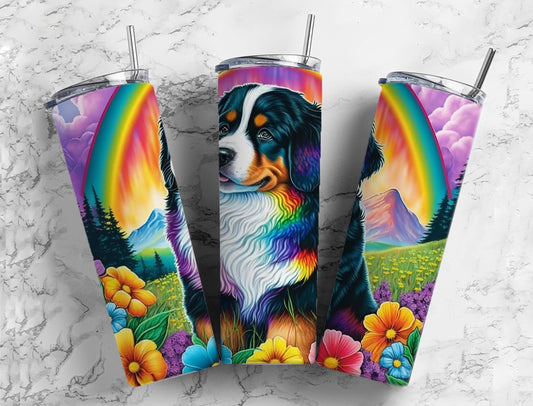 Bernese mountain dog 20oz Sublimation Tumbler Designs, Floral landscape 9.2 x 8.3” Straight Skinny Tumbler Wrap PNG