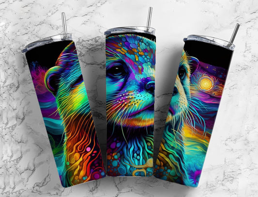 Rainbow otter 20oz Sublimation Tumbler Designs, Colorful neon 9.2 x 8.3” Straight Skinny Tumbler Wrap PNG