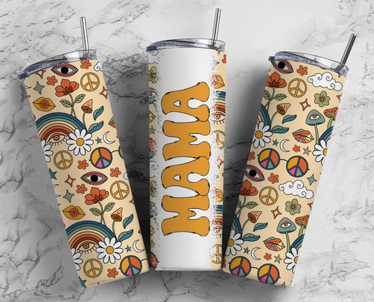 Retro Hippy 20oz Sublimation Tumbler Designs, Retro Mama 9.2 x 8.3” Straight Skinny Tumbler Wrap PNG, Mom Tumbler