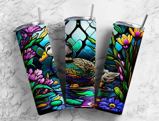 Stained glass duck 20oz Sublimation Tumbler Designs, colorful floral 9.2 x 8.3” Straight Skinny Tumbler Wrap