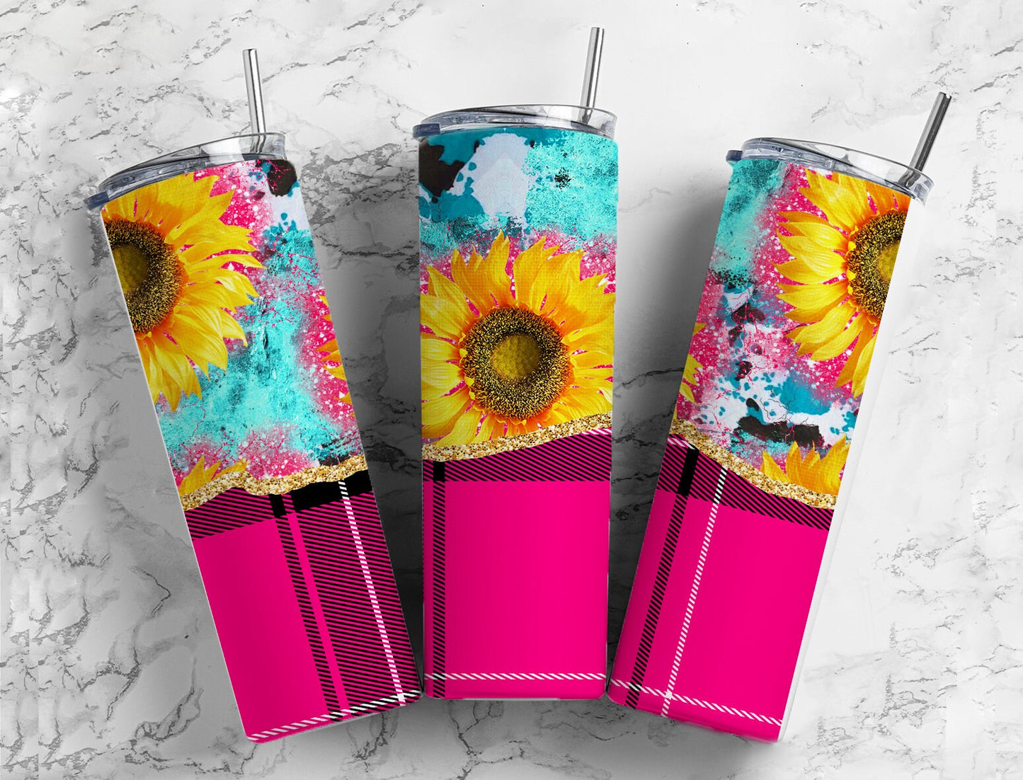 Sunflower watercolor 20oz Sublimation Tumbler Designs, Pink plaid 9.2 x 8.3” Straight Skinny Tumbler Wrap PNG