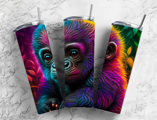 Alcohol Ink Gorilla 20oz Sublimation Tumbler Designs,Rainbow Neon 9.2 x 8.3” Straight Skinny Tumbler Wrap PNG, Sublimation Design PNG