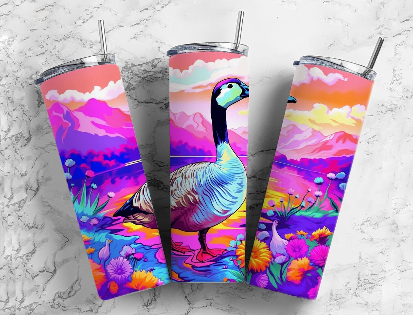 Colorful goose 20oz Sublimation Tumbler Designs, Floral landscape 9.2 x 8.3” Straight Skinny Tumbler Wrap PNG