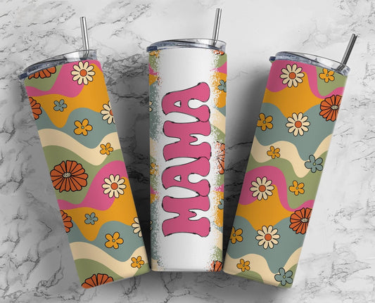 Retro Classic Purple yellow Flower 20oz Sublimation Tumbler Designs, Retro Mama 9.2 x 8.3” Straight Skinny Tumbler Wrap PNG, Mom Tumbler