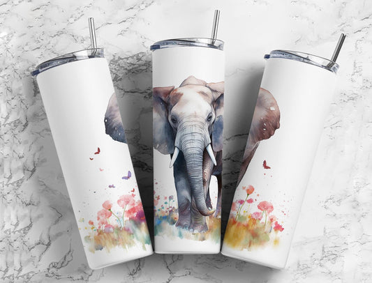 Watercolor elephant 20oz Sublimation Tumbler Designs, Colorful floral 9.2 x 8.3” Straight Skinny Tumbler Wrap PNG