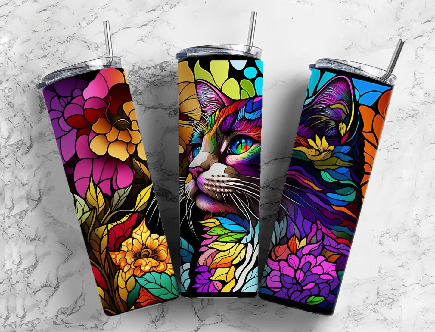 Stained glass Cat 20oz Sublimation Tumbler Designs, Rainbow neon 9.2 x 8.3” Straight Skinny Tumbler Wrap