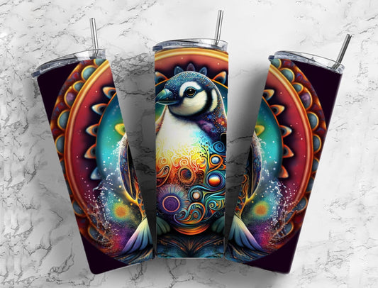 Colorful penguin 20oz Sublimation Tumbler Designs, Rainbow patterned 9.2 x 8.3” Straight Skinny Tumbler Wrap PNG