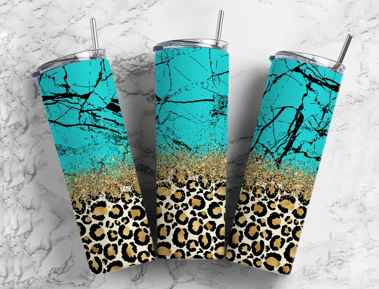 Turquoise GEmstone  20oz Sublimation Tumbler Designs, Gold GLitter Leopard 9.2 x 8.3” Straight Skinny Tumbler Wrap PNG