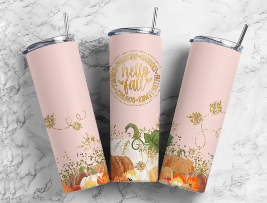 Pink Boho hello Fall  20oz Sublimation Tumbler Designs, Gold pumpkin glittter 9.2 x 8.3” Straight Skinny Tumbler Wrap PNG